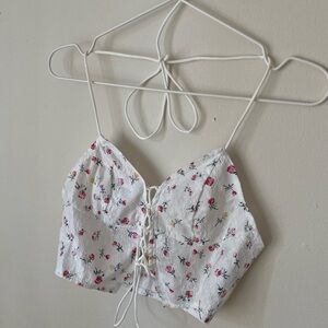 White and pink floral tie up string top